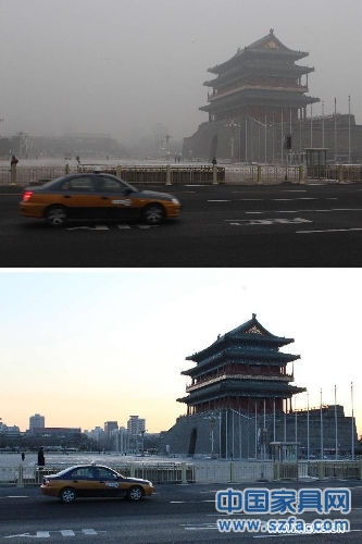 Combo photo taken on Jan. 23, 2013 (up) and Jan. 22, 2013 (bottom) show the tower of the Zhengyang Gate in Beijing, capital of China. The air quality hit the level of serious pollution in Beijing on Wednesday, as smog blanketed the city. (Xinhua/Wang Yueling)Related:Beijing chokes on lingering smogBEIJING, Jan. 23 (Xinhua) -- The air quality in Beijing Municipality on Wednesday hit serious levels again, as smog blanketed the city.At 9 a.m., air quality indices in most monitoring stations in the city proper exceeded 300, or Level VI, a serious level, according to statistics from the Beijing Municipal Environmental Monitoring Center.  Full story